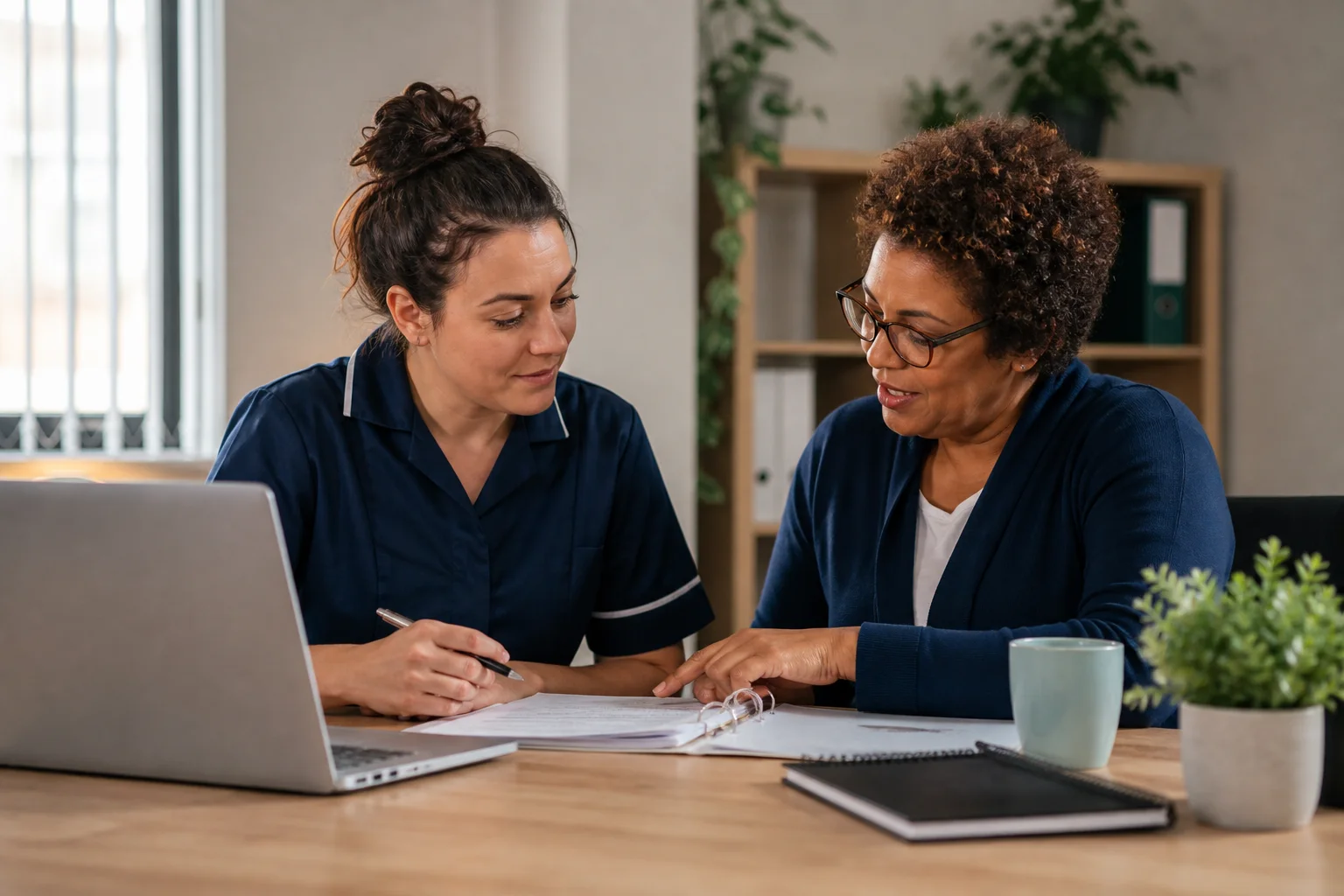 A new care worker reviewing Care Certificate learning evidence with an experienced assessor.