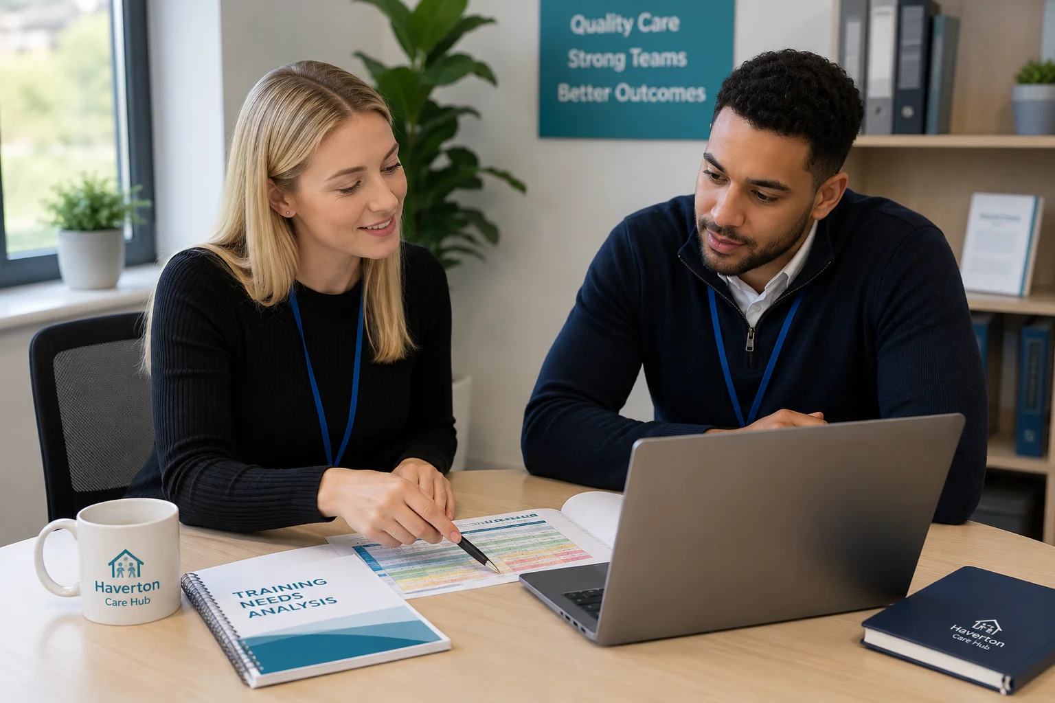 Two adult social care professionals reviewing a training needs analysis and staff training matrix on a desk.