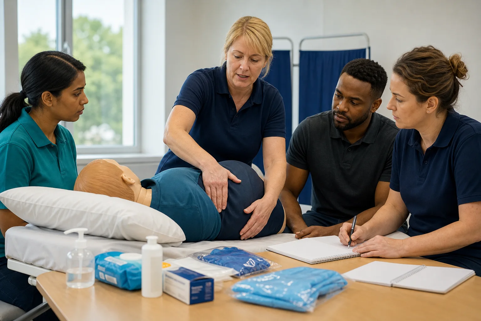 Adult social care staff taking part in practical statutory and mandatory training with a trainer.
